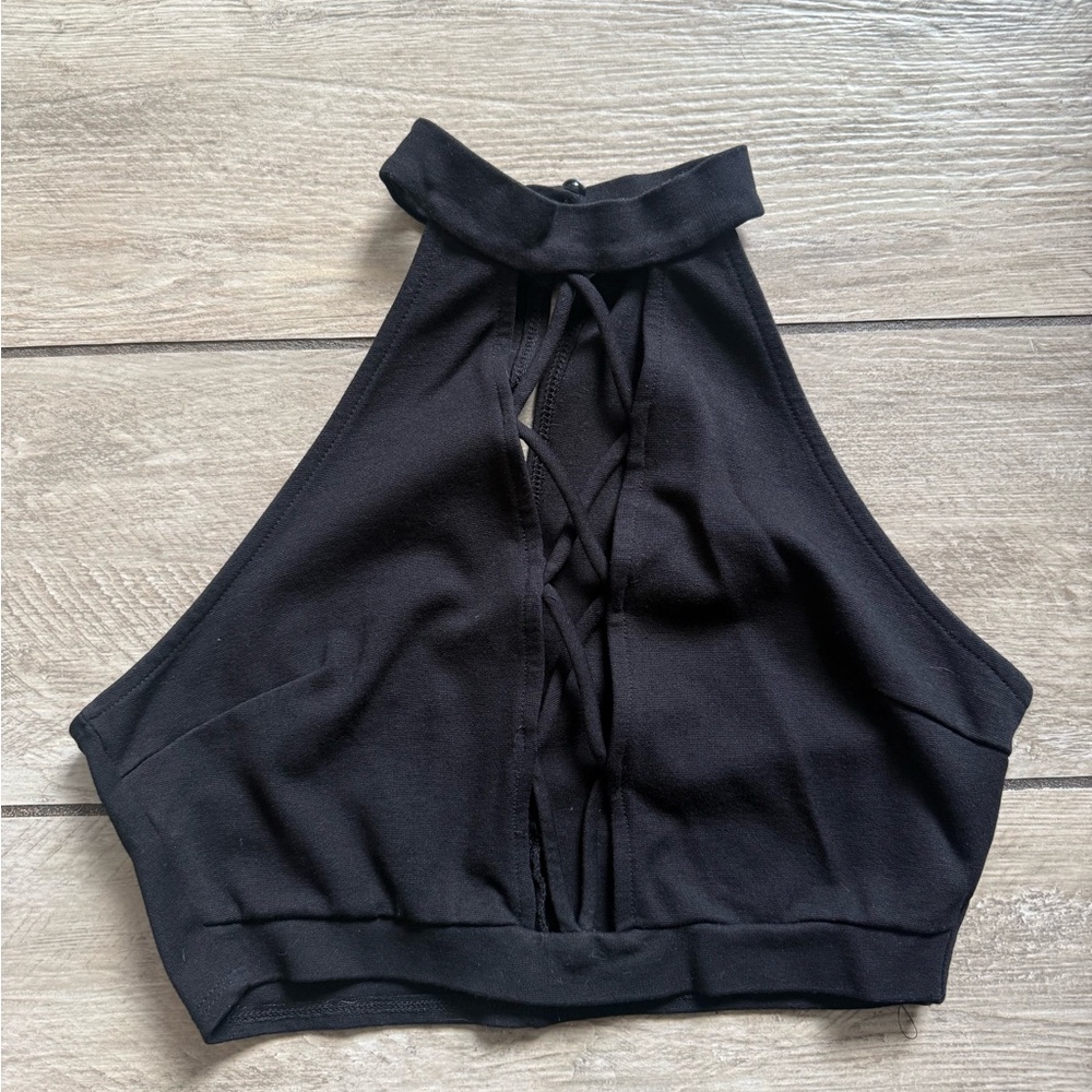 Charlotte Russe Black Halter Lace-Up Crop Tank